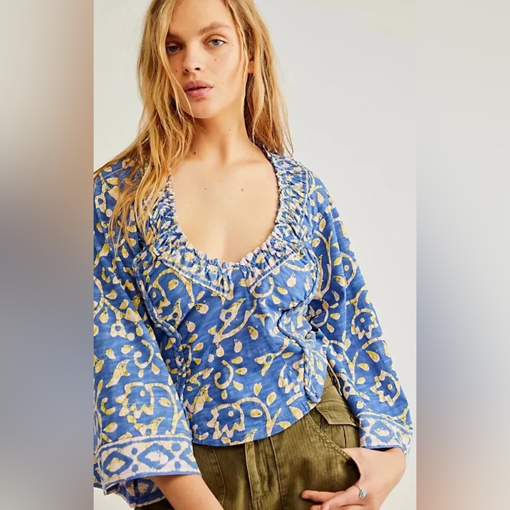 💥FP Movement by Free People On The Block BOHO Blue & Yellow Blouse Sz XS💥